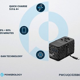 تصویر تبدیل پریز برق چندکاره و شارژر دیواری فست تایپ سی و یو اس بی 85 وات پاورولوژیPowerology PWCUQC026BK Universal GaN 85W Super Charger Retractable Type-C Cable 