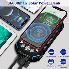 تصویر LEO WAY Solar Power Bank 36000mAh with 3 Cables, Solar Charger Wireless Charging, Portable Power Bank 4 Output 3 Input 15W Fast Charging with LED Flashlight, Outdoor External Battery for Phone Laptop 