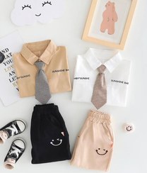 تصویر پیراهن سفید با کراوات و شلوار کرم کد 2066 