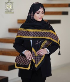 تصویر ست کیف و روسری زنانه طرح ال وی چهارخانه رنگ مشکی با کیف دسته چرمی کیفیت عالی با ارسال رایگان کد mo498 