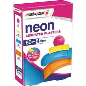 تصویر چسب زخم بریتانیایی مسترپلاست Masterplast Neon Plasters ضد آب و انعطاف پذیردر چهار سایز بسته 60 عددی 