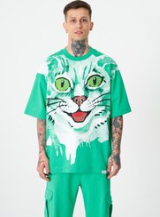 تصویر تیشرت مردانه گربه فراری با چاپ سایز بزرگ سبز روشن M1960 