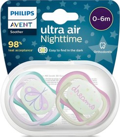 تصویر پستانک ارتودنسی اورجینال فیلیپس اونت شب تاب ۰ تا ۶ ماه مدل UltraAir کدSCF376/17 Original Philips Avent Orthodontic Pacifier lightnight, 0 to 6 months, UltraAir model, code SCF376/17