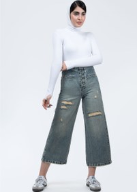 تصویر شلوار واید لگ جیب فیلتو زاپ دار آبی روشن (Dirty) 70004618 Wide leg pants with zapped pockets Dirty Royal Jeans