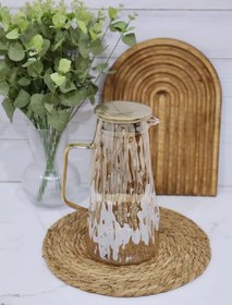 تصویر پارچ آب پیرکس وارداتی _پارچ شربت پیرکس طرح موج دسته طلایی Imported Pyrex water pitcher _Pyrex syrup pitcher, wave design