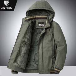 تصویر کاپشن کتان داخل خز خارجی سفارش امریکا اسپورت مردانه برند جیپ سراستین کش بافت کلاه دار - سرمه ای / 4xl 