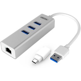 تصویر هاب USB3.0 با تبدیل پورت شبکه و USB نوع C یونیتک مدل Y-3083B 