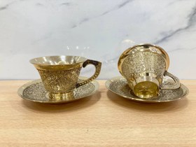 تصویر ست ۶ تایی فنجان نلبکی برنزی(برنجی) شیپوری طرح طاووس Bronze cup and saucer with peacock design