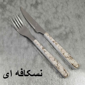 تصویر کاردوچنگال دسته پلاستیکی طرح سرامیکی تیغه استیل جنس ام جی اس رنگ مشکی 