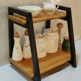 تصویر استند دوطبقه شیبدار آشپزخانه چوبی چوب روس رنگ ترکیب قهوه ای ومشکی ضد آب 