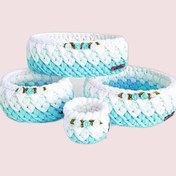 تصویر سبد قلاب بافی تریکو طرح کجراه کد 5 مجموعه 4 عددی 