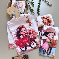 تصویر تونیک بافت دخترانه طرح دوچرخه سوار سایز ۴ تا ۱۰ سال 