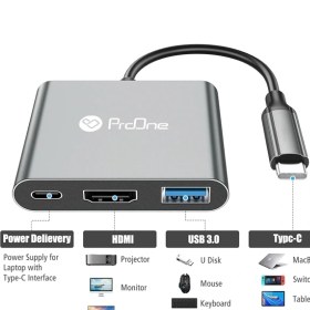 تصویر تبدیل Type-C به Type-C، Type-A، HDMI مدل PHU552 پرووان ProOne PHU552 Type-C TO USB Type-C، USB Type-A، HDMI