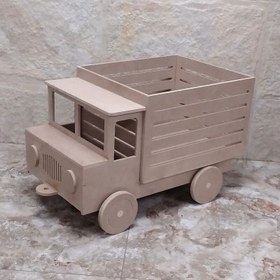 تصویر باکس اسباب بازی کامیون چوبی خام و بدون رنگ چرخدار 