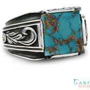 تصویر انگشتر نقره مردانه نگین فیروزه نیشابور طرح رودان 