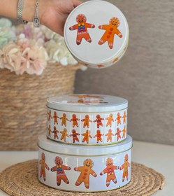 تصویر قوطی فلزی گرد کریسمسی بزرگ ۳ عددی طرح بیسکویت کد 22-413 