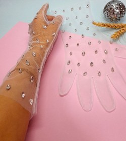 تصویر دستکش توری سنگ کاری شده تا بالای ساعد - نباتی 