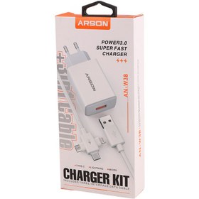 تصویر شارژر دیواری فست شارژ Arson AN-W3B QC3.0 PD 3A 18W + کابل 3 سر Arson AN-W3B QC3.0 PD 3A 18W WALL CHARGER With and Data Cable