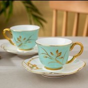 تصویر فنجان قهوه ،دونفره، 90 میل،سبز سفید طلایی،مدل استانبول پرسلن. Berin,زیر مجموعه کاراجا ترکیه Karaca 