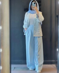 تصویر کت و شلوار مزونی دانتل گیپوری سایز ۱ و ۲ رنگ آبی و کرم 