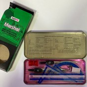 تصویر ست کامل نقاله و گونیا و پرگار جعبه فلزی 