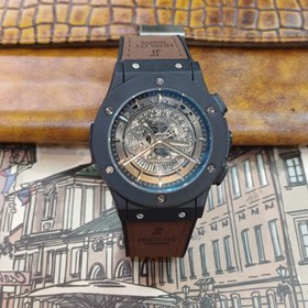 تصویر ساعت مچی عقربه ای آنالوگ برند HUBLOT تک موتور تاریخ شمار دار بند چرم قفل فیکسر پروانه ای HUBLOT