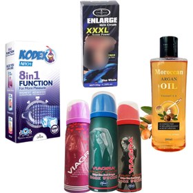 تصویر پکیج لذت رابطه شماره 6 ( ژل حجم دهنده xxl + اسپری تاخیری ویاگرا امریکایی + کاندوم 8 در 1 کدکس + روغن ماساژ ارگان موراکو ) 