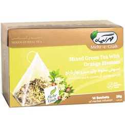 تصویر دمنوش کیسه ای گیاهی چای سبز و بهارنارنج مهرگیاه 14 عددی 