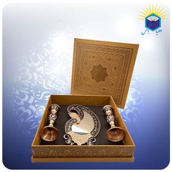 تصویر آینه بته جقه 25 سانت وجفت شمعدان کوچک مس و الماس تراش با جعبه ام دی اف چرمی 