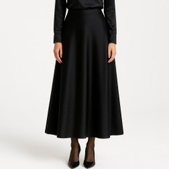 تصویر دامن ساتن میدی مشکی سایز ۳۲ تا ۶۲ 