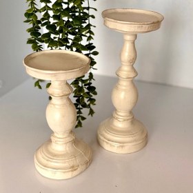 تصویر شمعدان جفتی دو سایزی کرم طلایی کد 0119 candlestick holder