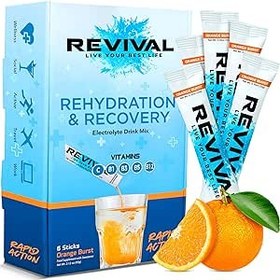 تصویر Revival Rapid Rehydration Electrolytes Powder - مکمل ویتامین C، B1، B3، B5، B12، نوشیدنی ساشه ای با مقاومت بالا، آبرسانی الکترولیت جوشان (ترک نارنجی، 6 عدد (بسته 1 عددی)) - ارسال 20 روز کاری 