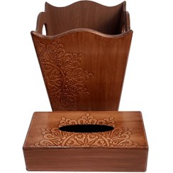 تصویر ست سطل و جادستمال کاغذی چوبی طرح منبت 