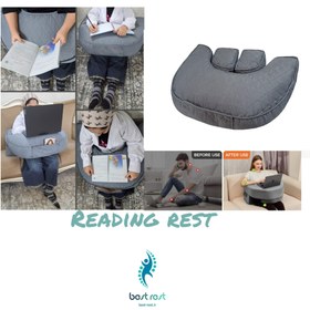 تصویر پاف و میز مطالعه و لب تاپ مدل reading rest - کرمی روشن Reading rest