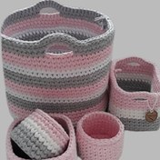 تصویر ست سبد قلاب بافی تریکو طرح سبسمونی اتاق نوزاد کد 54 مجموعه 5 عددی 