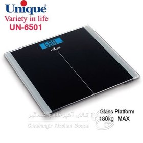 تصویر ترازوی حمام شیشه ای یونیک مدل UN650 ا ترازوی حمام شیشه ای یونیک مدل UN6507 دارای صفحه نمایش LCD، حداکثر وزن قابل اندازه گیری 150 کیلوگرم، قابلیت نمایش شاخص توده بدنی ترازوی حمام شیشه ای یونیک مدل UN6507 دارای صفحه نمایش LCD، حداکثر وزن قابل اندازه گیری 150 کیلوگرم، قابلیت نمایش شاخص توده بدنی