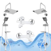 تصویر ست ۴ عددی دوش حمام با علم یونیورست صفحه استیل شیرآلات برند آیدا صنعت مدل قهرمان | سفید کروم براق 