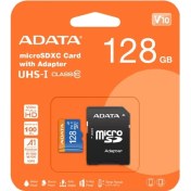 تصویر کارت حافظه microSDXC ای دیتا مدل Premier کلاس 10 استاندارد UHS-I V10 A1سرعت 100MBps ظرفیت 128 گیگابایت microSDXC Premier V10 A1100MBps 128GB