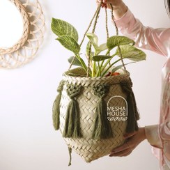 تصویر گلدان حصیری دورگلدان مکرومه سبز 