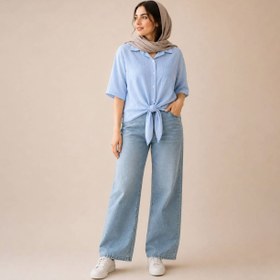 تصویر شومیز زنانه گره ای مدل اطلسی رنگ آبی 