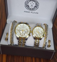 تصویر ست ساعت زنانه و مردانه برند الگانس رنگ ثابت - صفحه سفید بند طلایی نقره ای Elegance