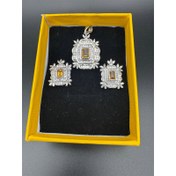 تصویر نیم ست زنانه سنگ سیترین اصل با قاب نقره بزرگ 