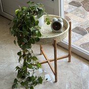 تصویر میز عسلی حصیری کپو بافی با پایه چوبی 