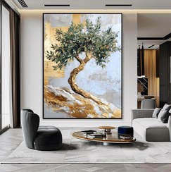 تصویر تابلو دکوراتیو درخت زیتون سه‌بعدی مدرن با رنگ‌های لوکس 