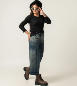 تصویر شلوار جین بچگانه دخترانه سوپربگ مدل واید لگ آبی(5-15سال) Superbag wide leg jeans for girls, blue