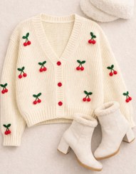 تصویر کاردیگن زنانه دست بافت آلبالو 