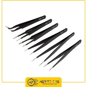 تصویر ست 6 تایی پنس آنتی استاتیک استیل ESD Stainless steel ESD anti-static tweezers set, repair and maintenance tool set, Anti-static model