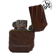 تصویر کیف چرم لیزارد قهوه ای فندک زیپو 