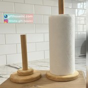 تصویر پایه نگهدارنده دستمال کاغذی رولی چوبی در دو سایز استند دستمال کاغذی رومیزی مدرن از جنس چوب طبیعی