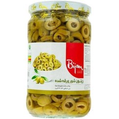 تصویر بیژن زیتون شور ورقه شده630گرم 